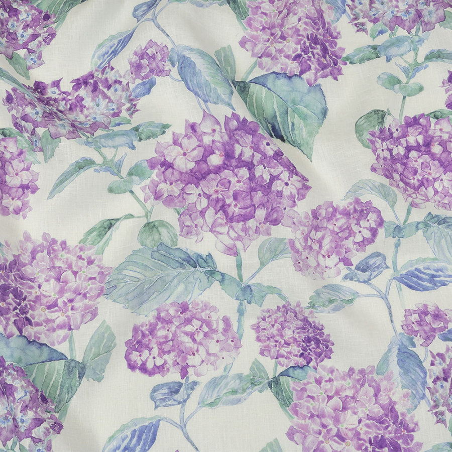 Purple, Green and White Hydrangeas Medium Weight Linen Woven | Mood Fabrics