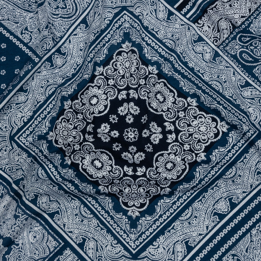 Classic Blue and White Paisley Bandana Patchwork Cotton and Rayon Jersey | Mood Fabrics