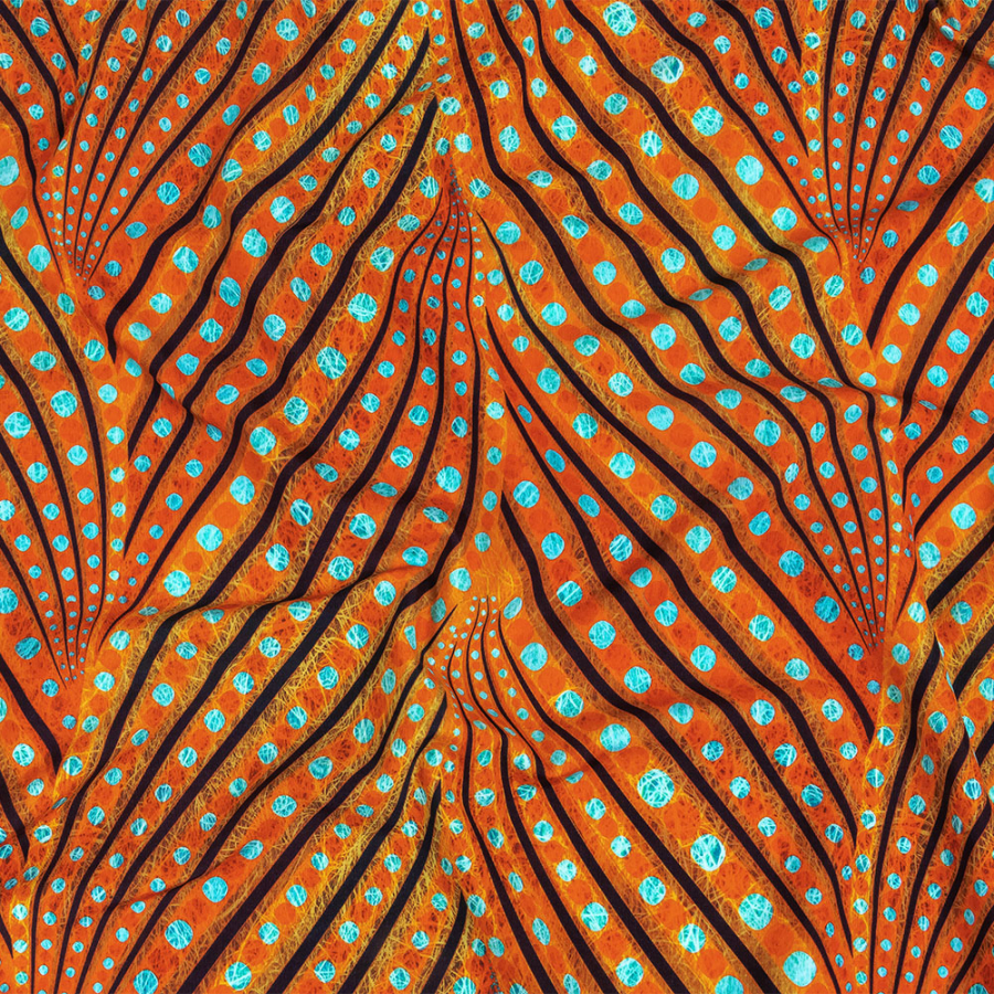 Orange, Espresso and Teal Art Deco Feathers UV Protective Compression Swimwear Tricot with Aloe Vera Microcapsules | Mood Fabrics
