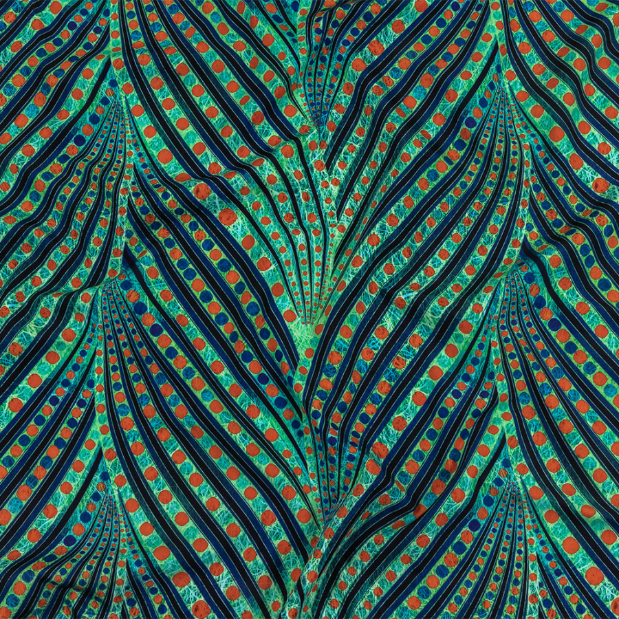 Jade, Blue and Orange Art Deco Feathers UV Protective Compression Swimwear Tricot with Aloe Vera Microcapsules | Mood Fabrics