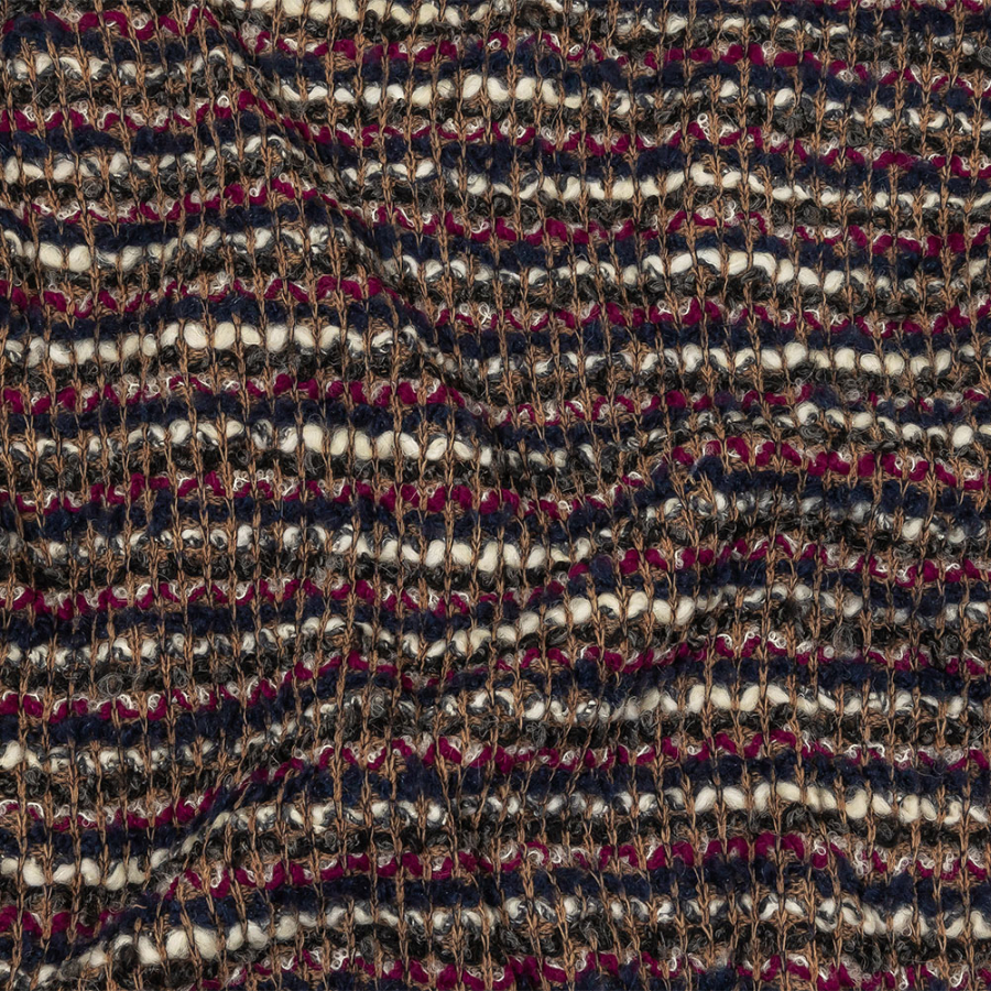 Tan, Navy and Fuchsia Striped Boucle Chunky Wool Sweater Knit | Mood Fabrics
