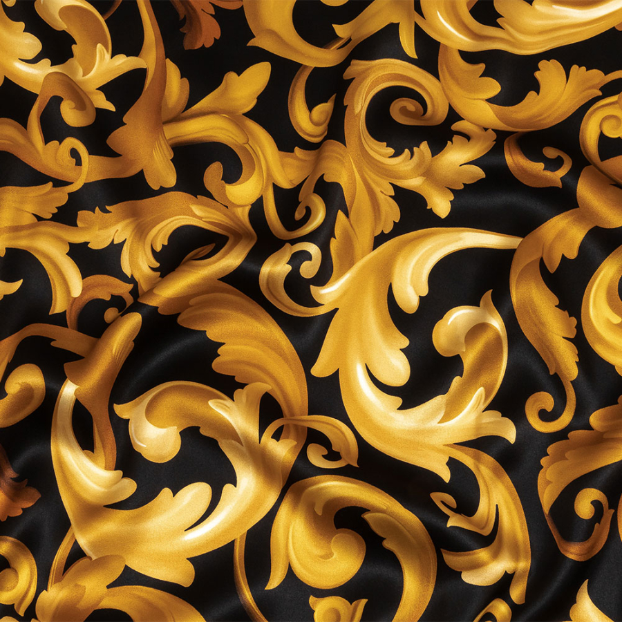 Mood Exclusive Italian Black and Gold Ornate Swirls Silk Charmeuse | Mood Fabrics