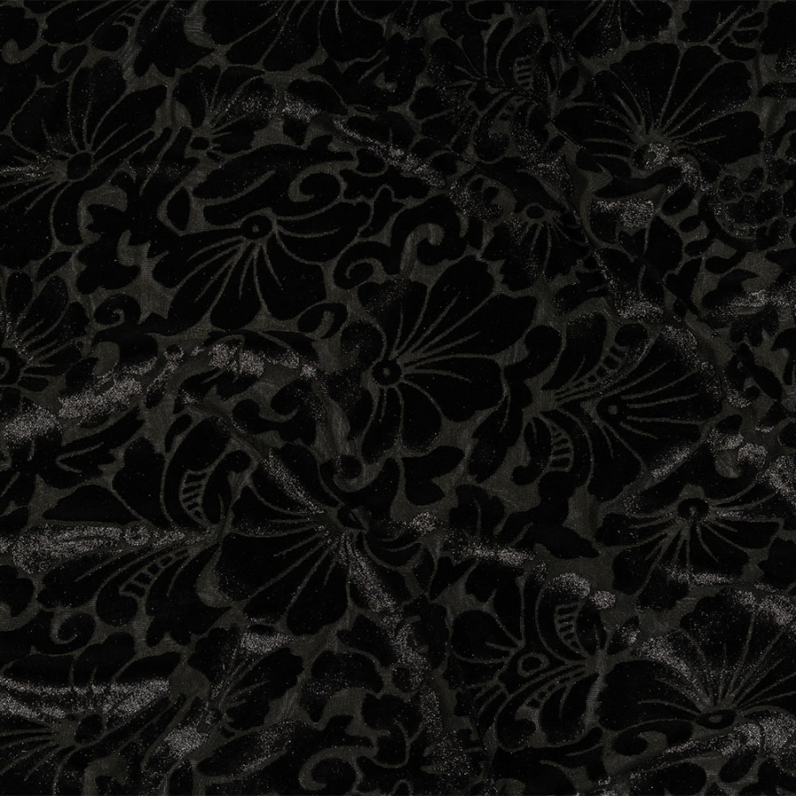 Famous NYC Designer Black Floral Burnout Stretch Polyester Velour | Mood Fabrics