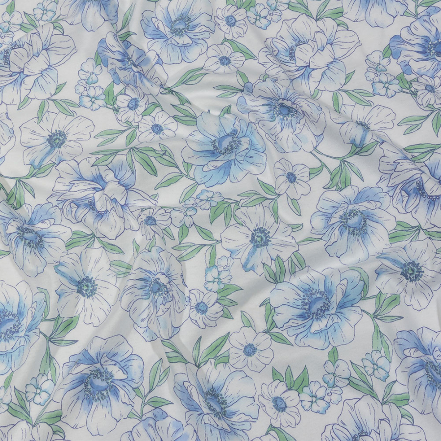 Blue, Green and White Floral Cotton Jersey | Mood Fabrics