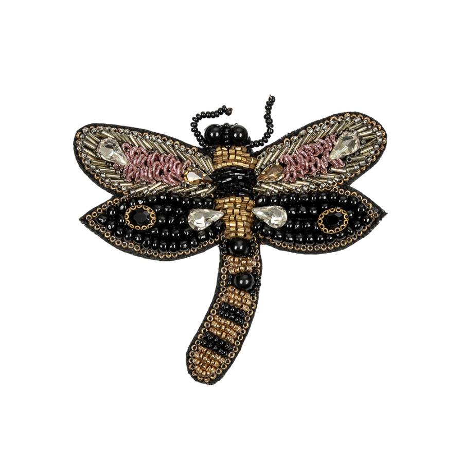 Black, Gold and Ballet Dancer Dragonfly Rhinestone and Glass Beaded Applique - 3.25" X 3.5" | Mood Fabrics