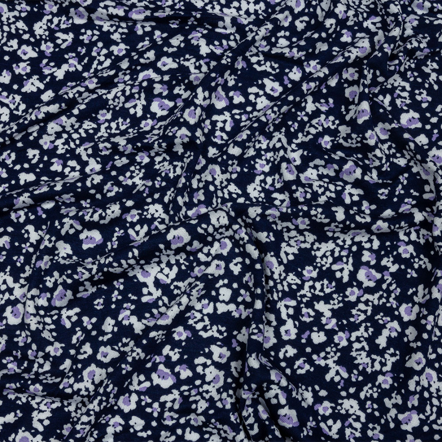 Navy, Purple and White Floral Stretch Rayon Jersey | Mood Fabrics