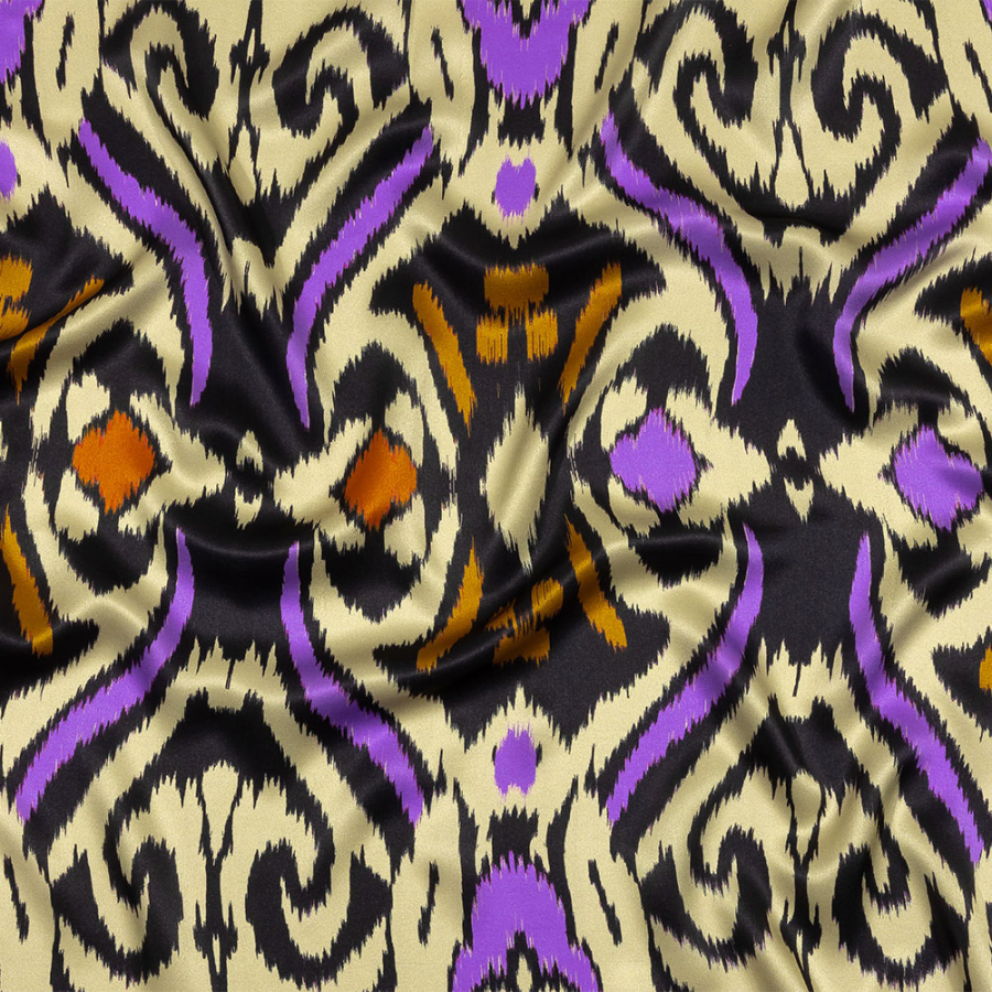 Italian Black, Purple and Orange Ikat Spots Silk Charmeuse | Mood Fabrics