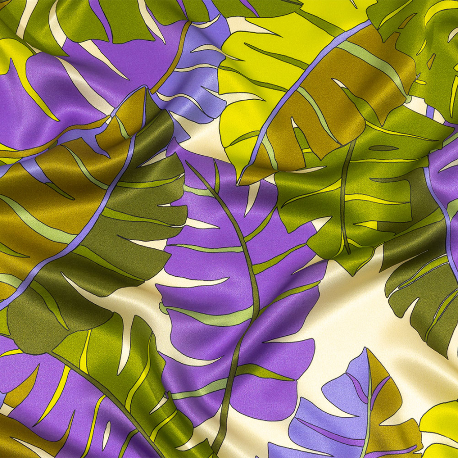 Italian Deep Lavender, Olive and Lime Jungle Leaves Silk Charmeuse | Mood Fabrics