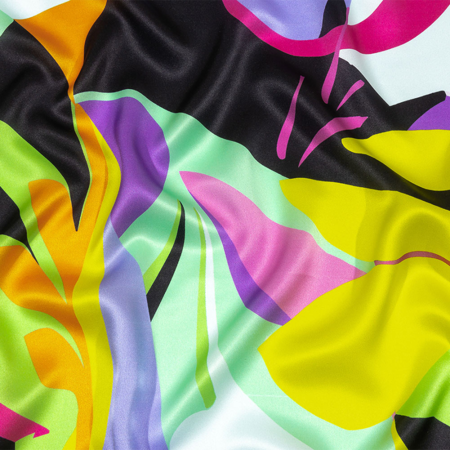 Italian Seafoam, Purple and Yellow Bold Naturals Silk Charmeuse | Mood Fabrics