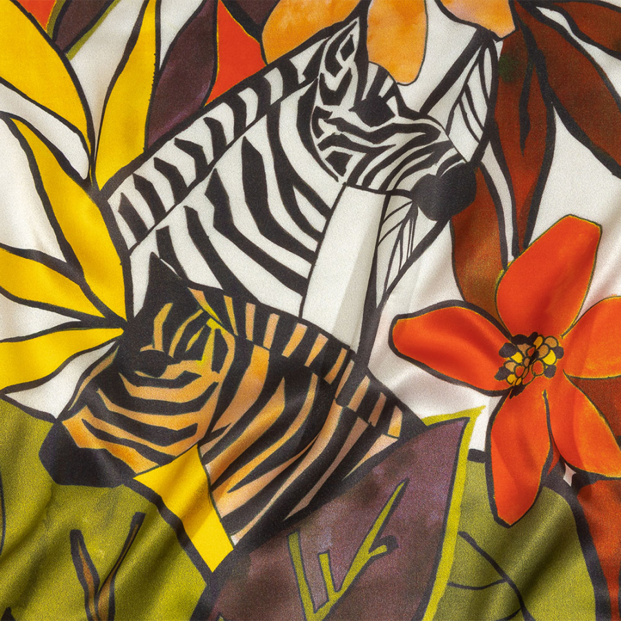 Italian Brown, Yellow and Olive Zebras and Flowers Silk Charmeuse | Mood Fabrics