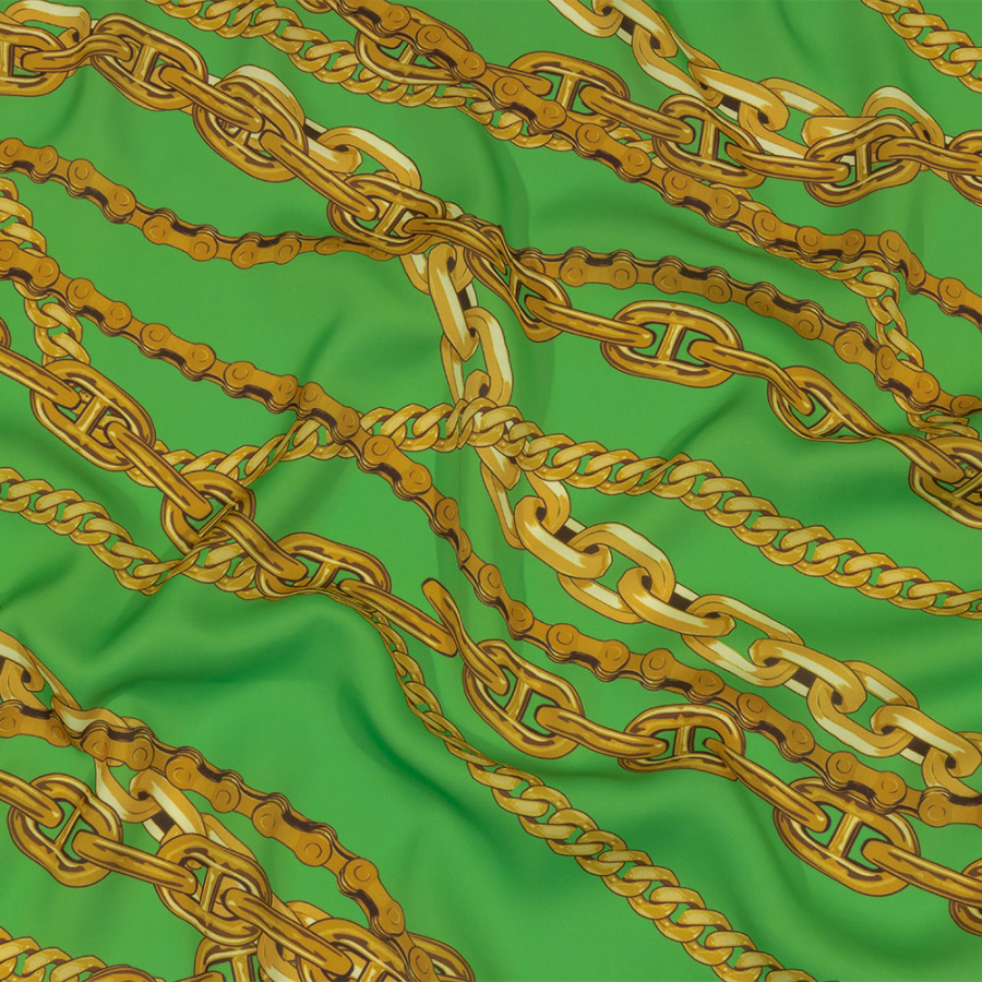 Balenciaga Italian Lime Green and Gold Chains Polyester Crepe | Mood Fabrics