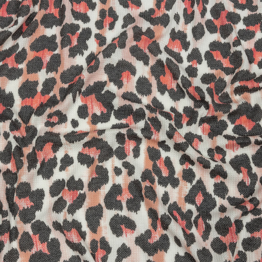Gunmetal, Pink and Foggy Dew Leopard Spots Polyester and Rayon Waffle Knit | Mood Fabrics