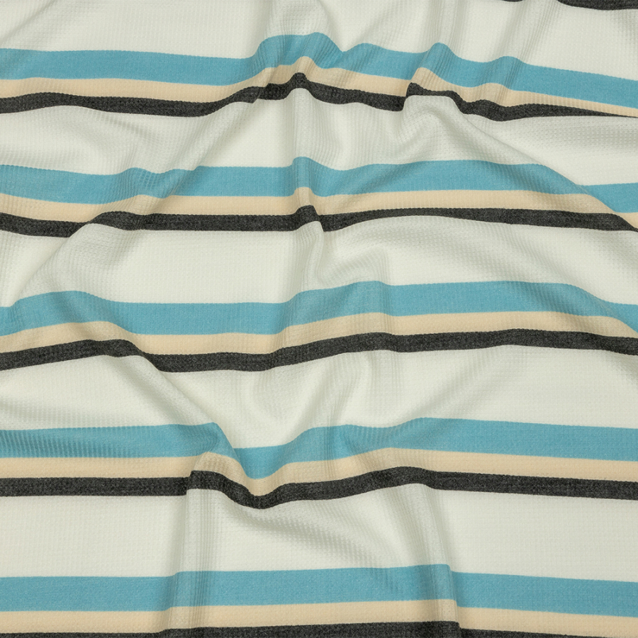 Black, Blue and Cream Striped Polyester and Rayon Waffle Knit | Mood Fabrics