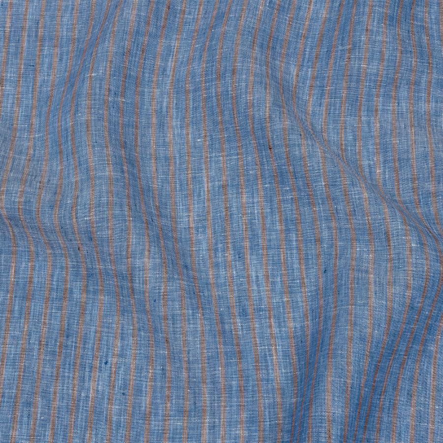 Blue, Brown and White Striped Lightweight Linen Chambray | Mood Fabrics