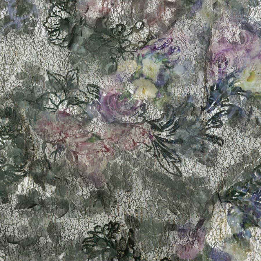 Purple, Olive and Gold Floral Printed Metallic Webbing with Organza Flower Appliques | Mood Fabrics