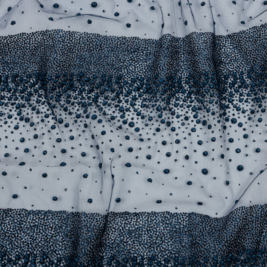 Navy Abstract Stripes Flocked Puffy Glitter Tulle | Mood Fabrics