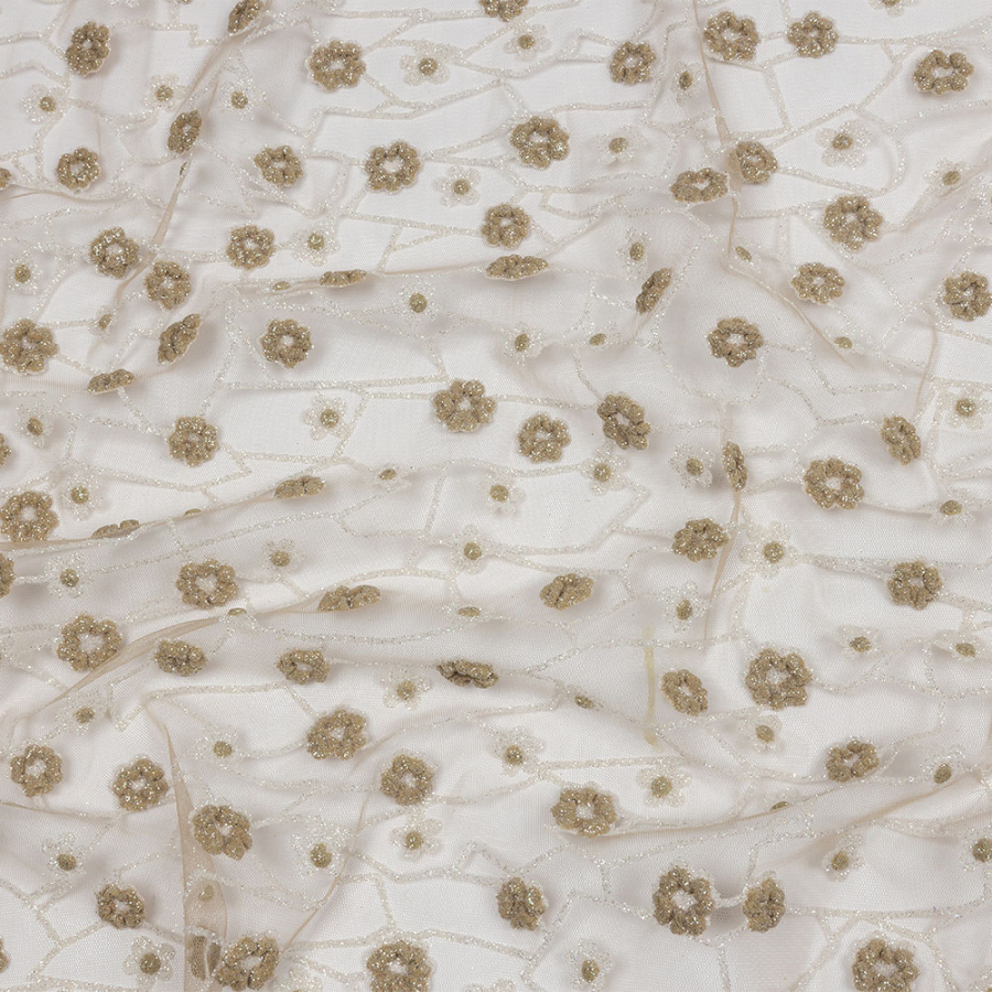 Luxury 3D Taupe and White Flowers and Geometric Stems Puffy Glitter Tulle | Mood Fabrics
