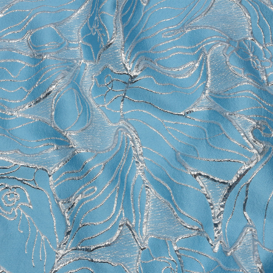 Metallic Silver and Baby Blue Outlined Florals Luxury Brocade | Mood Fabrics