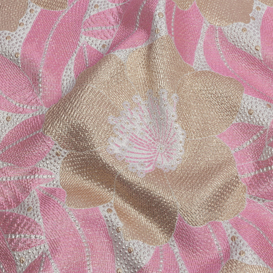 Metallic Gold, Silver and Pink Tropical Flowers Luxury Brocade | Mood Fabrics