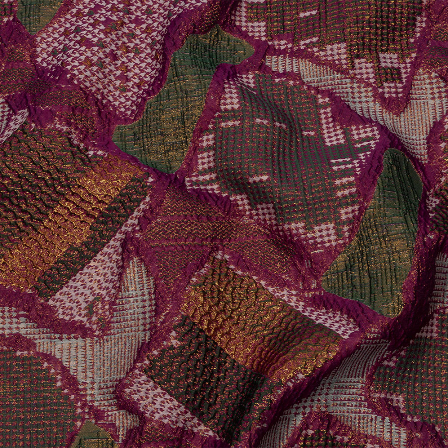 Metallic Gold, Magenta and Forest Abstract Patchwork Luxury Brocade | Mood Fabrics