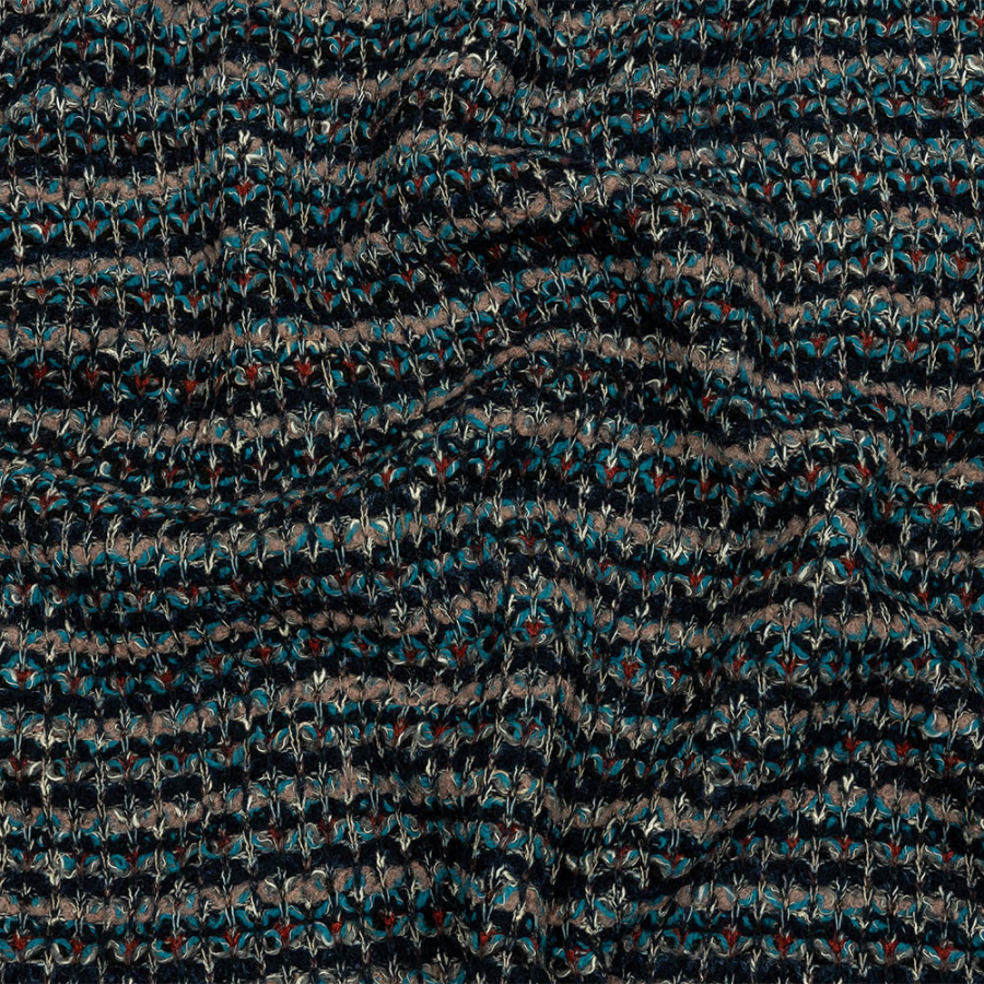 Pinkish Beige, Navy and Sea Blue Striped Chunky Wool Blend Boucle Sweater Knit | Mood Fabrics