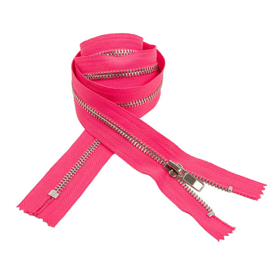 Hot Pink and Silver T5 Closed End Metal Zipper - 36" | Mood Fabrics