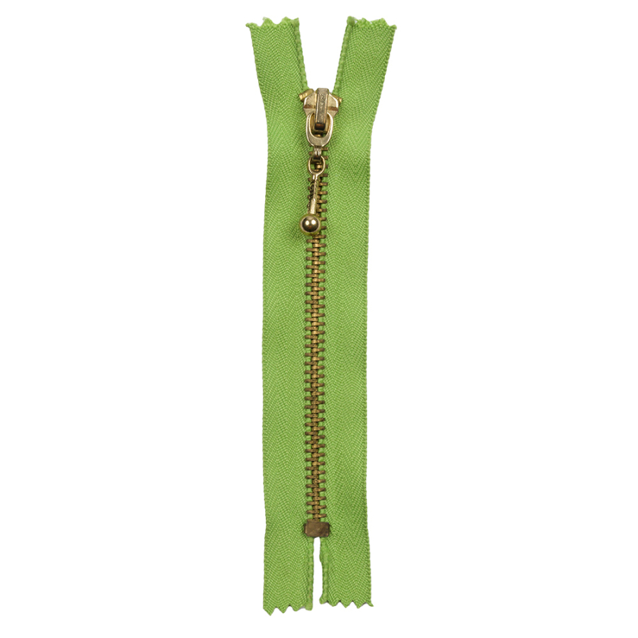 Lime and Antique Gold T5 Closed End Metal Zipper with Decorative Pull - 5" | Mood Fabrics