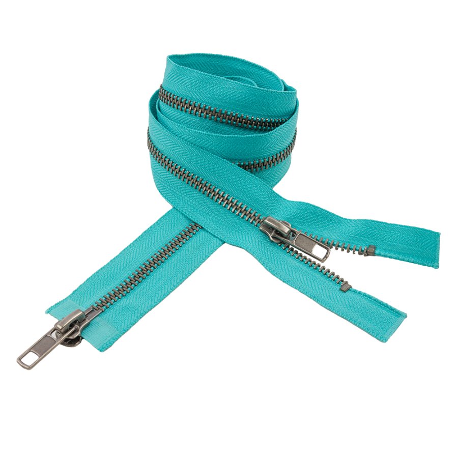 Turquoise and Matte Gunmetal T5 Open End Metal Zipper with two Pulls - 36" | Mood Fabrics