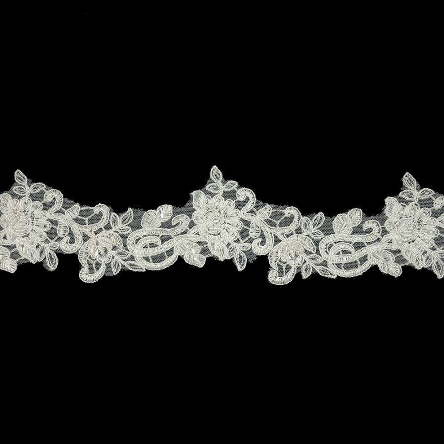 Off White Floral Beaded Bridal Lace Trim with White Cording - 2.5" | Mood Fabrics