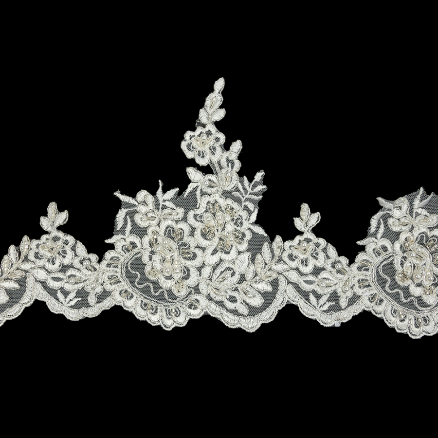 Off White and Silver Floral Scalloped Beaded and Corded Bridal Lace Trim - 5.5" | Mood Fabrics