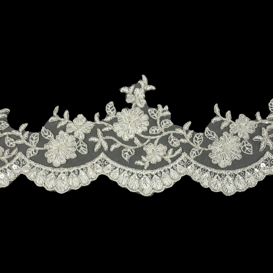 Off White and Metallic Silver Floral Sequins and Beaded Bridal Lace Trim with Scalloped Edge - 4.5" | Mood Fabrics
