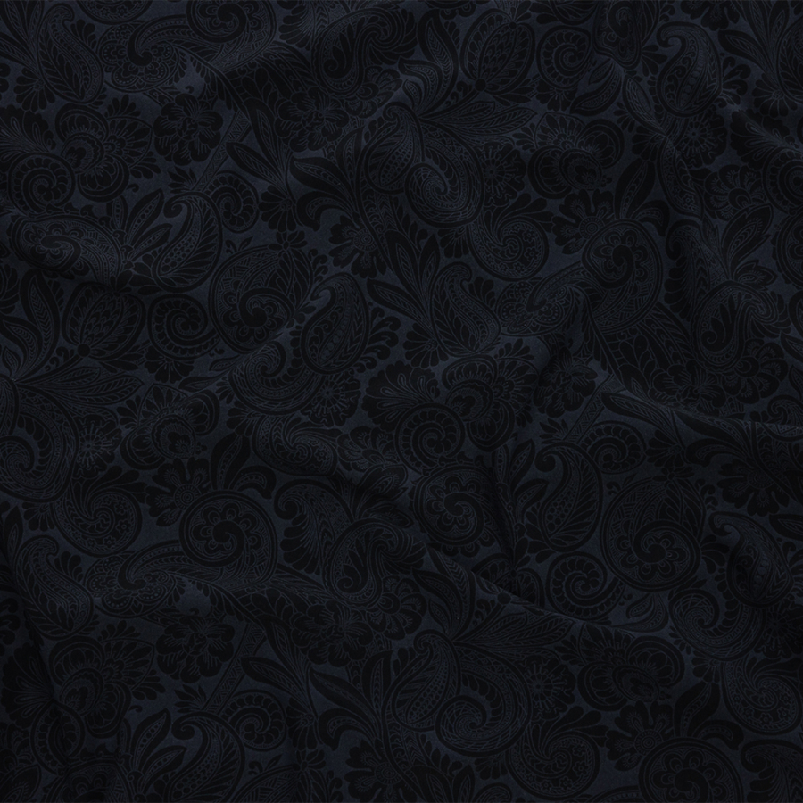Black and Navy Elegant Paisley Stretch Nylon Jersey | Mood Fabrics