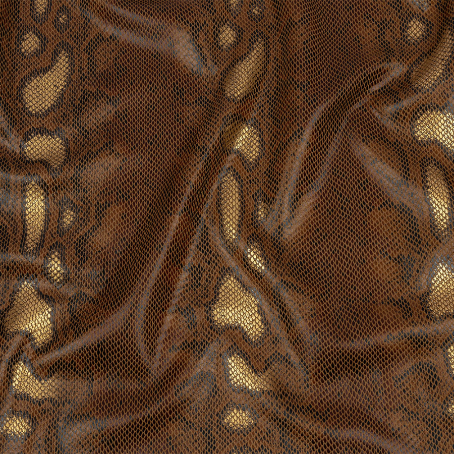 Brown, Black and Gold Snakeskin Foiled Stretch Faux Suede | Mood Fabrics