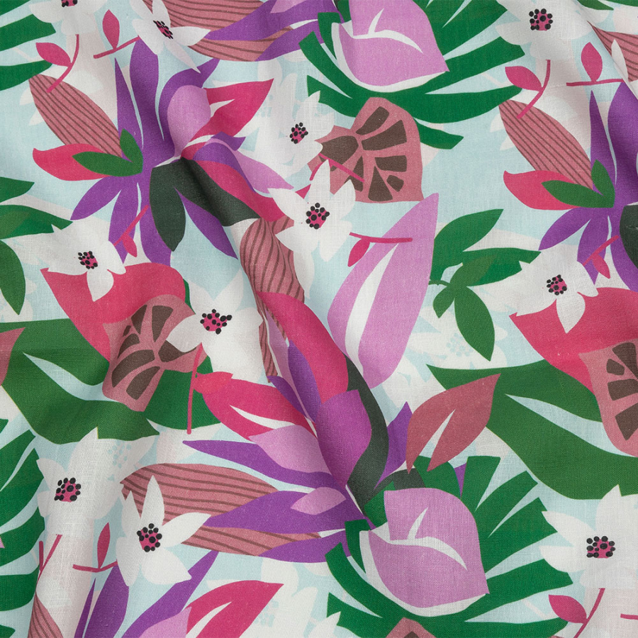 Pink, Green and Aqua Animated Tropics Medium Weight Linen Woven | Mood Fabrics