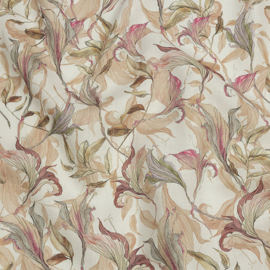 Beige and Pink Flowing Florals Medium Weight Linen Woven | Mood Fabrics
