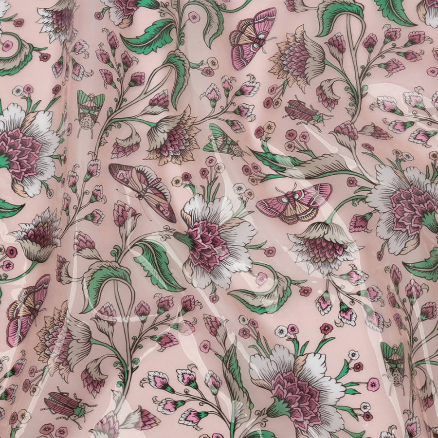 Pink, Green and White Beetles and Flowers Lightweight Translucent Vinyl | Mood Fabrics