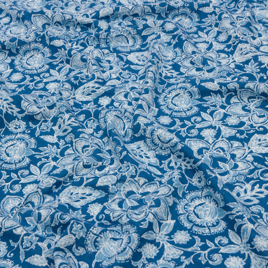Blue and White Classical Florals Cotton and Rayon Jersey | Mood Fabrics