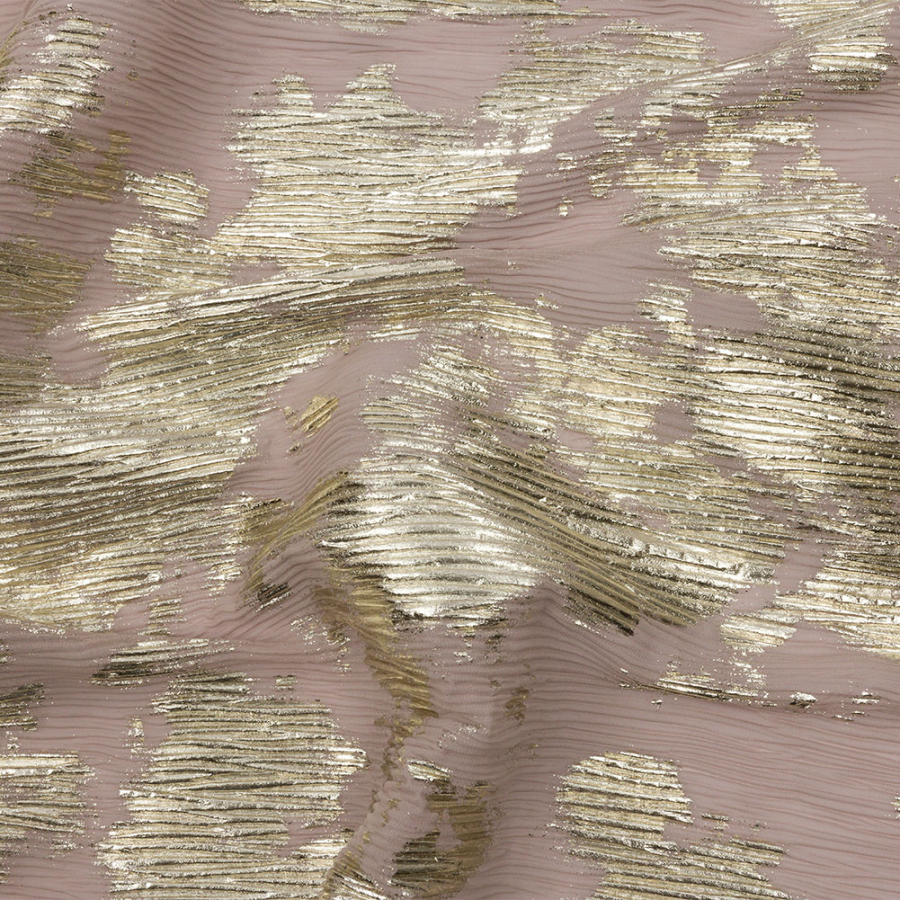 Aralia Tan and Gold Abstract Foiled Polyester Chiffon Plisse | Mood Fabrics
