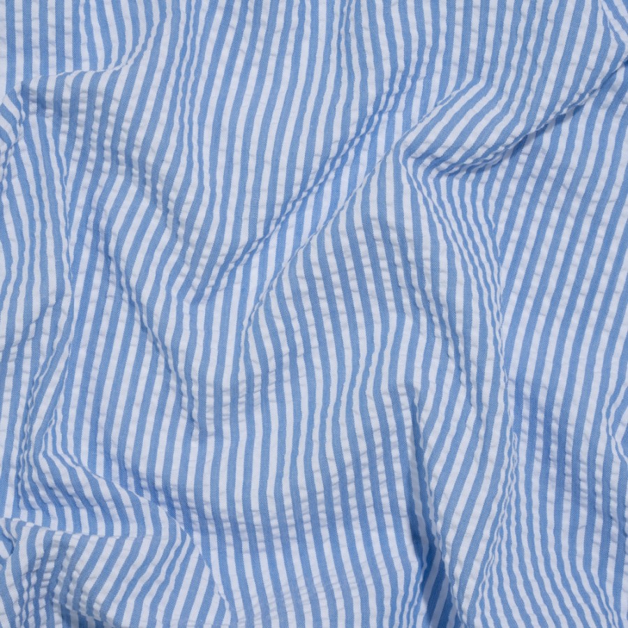 Wylie Country Blue and White Candy Striped Polyester and Cotton Seersucker | Mood Fabrics