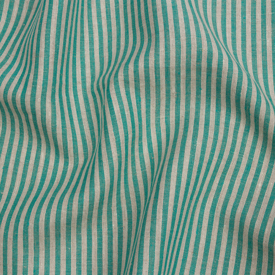 Turquoise and Oatmeal Striped Medium Weight Linen Woven | Mood Fabrics
