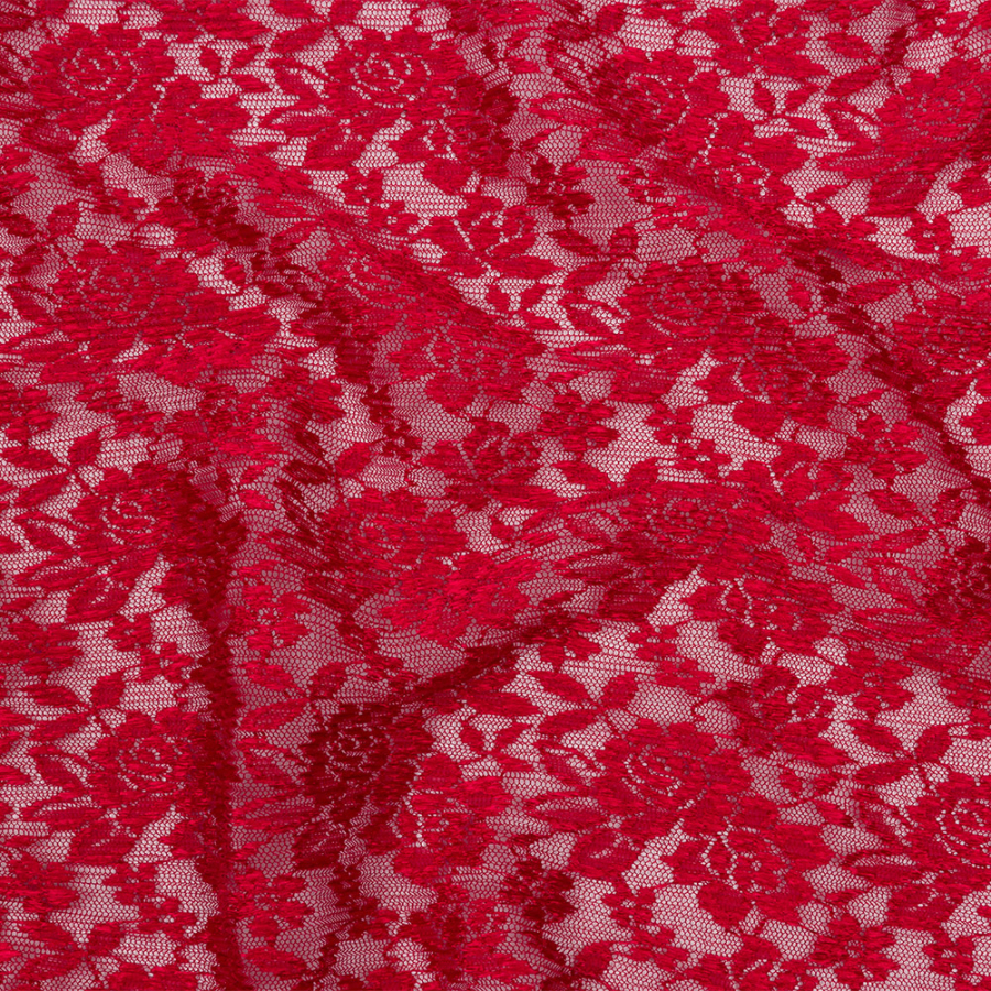 Red Floral Pleated Embroidered Lace with Scalloped Edges | Mood Fabrics