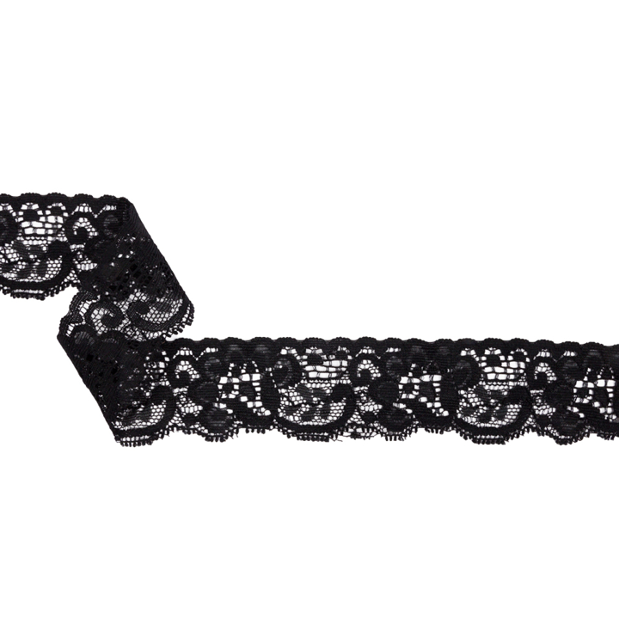 Famous NYC Designer Black Flowers and Swirls Scalloped Stretch Re-Embroidered Lace Trim - 1.375" | Mood Fabrics