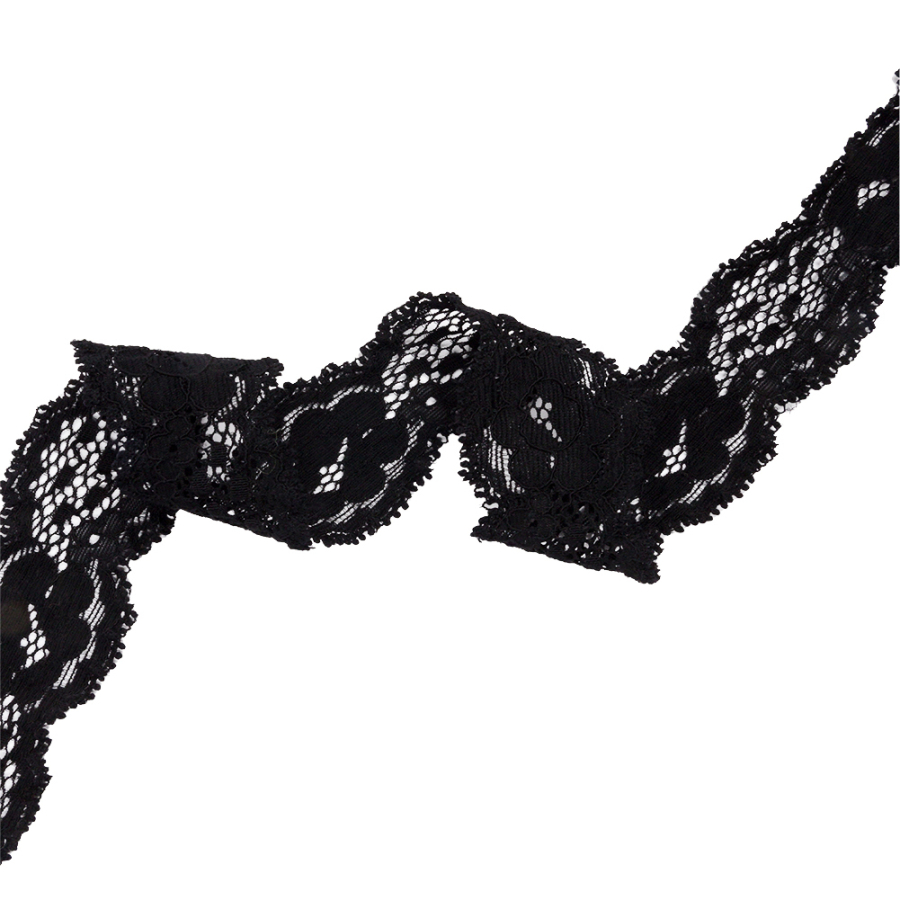 Black Floral and Scalloped Stretch Corded Lace Trim - 1.25" | Mood Fabrics