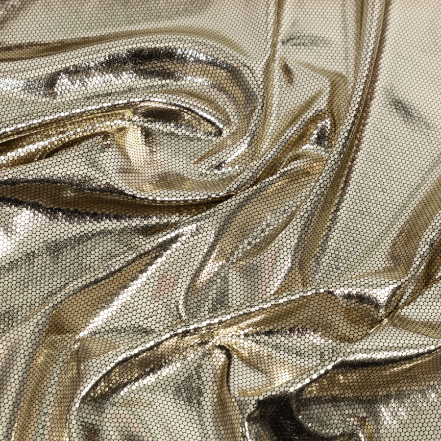 White Gold Dense Polka Dots Foiled Stretch Polyester Knit | Mood Fabrics