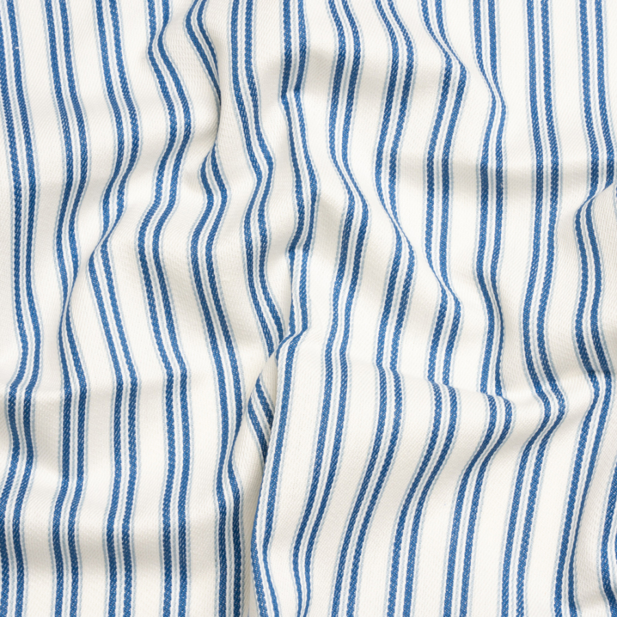 White, Summer Blue and Sky Blue Modern Ticking Stripes Cotton Twill | Mood Fabrics