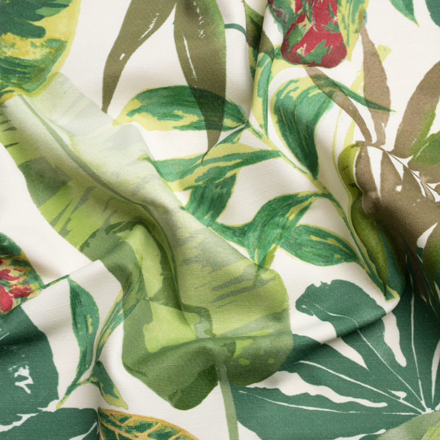 Green and Cream Tropical Leaves Printed Polyester Canvas | Mood Fabrics