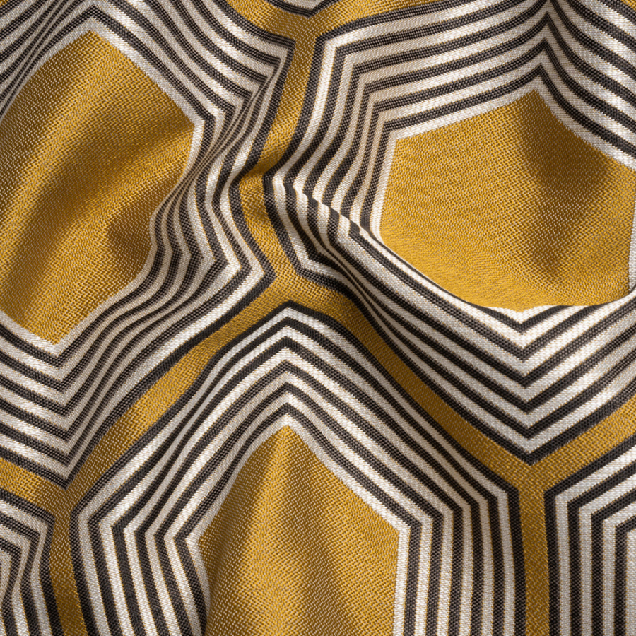Gold, Charcoal and Gray Reverberating Hexagons Polyester Jacquard | Mood Fabrics
