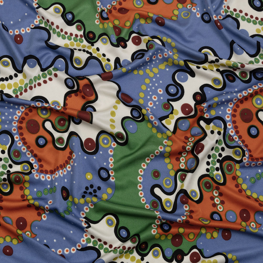 Country Blue, Orange and Sage Amoeba Medley Abstract Silk Jersey | Mood Fabrics