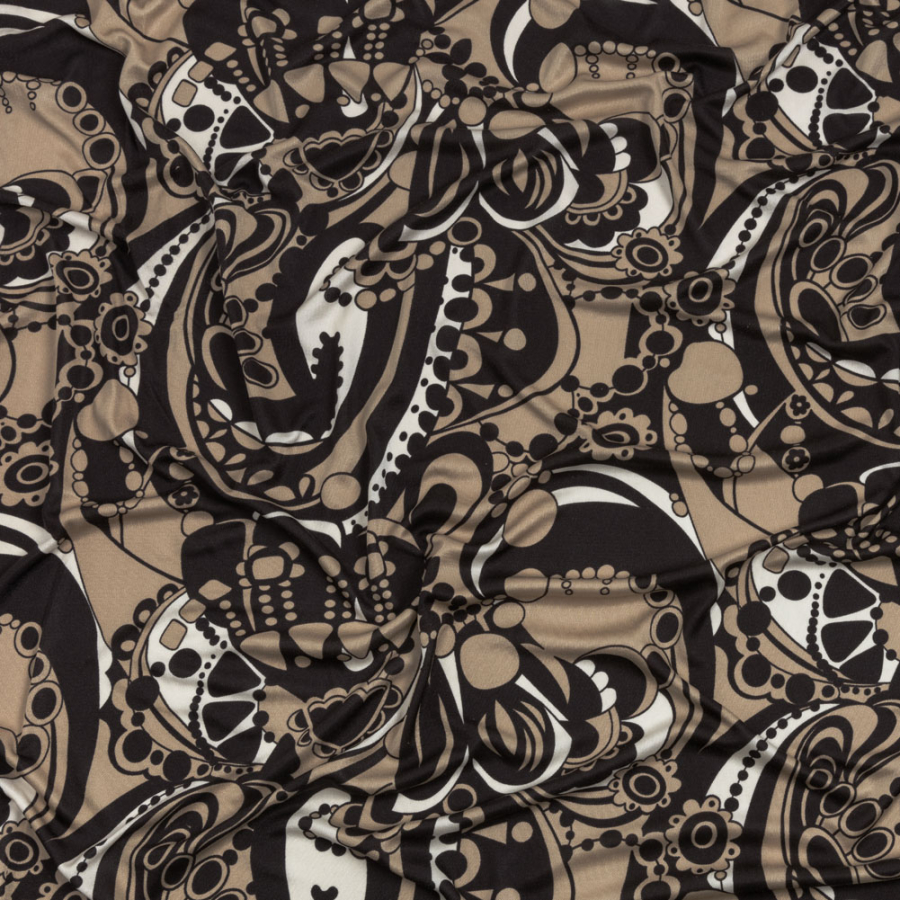 Chocolate, Tan and Whisper White Retro Flowers and Circles Silk Jersey | Mood Fabrics