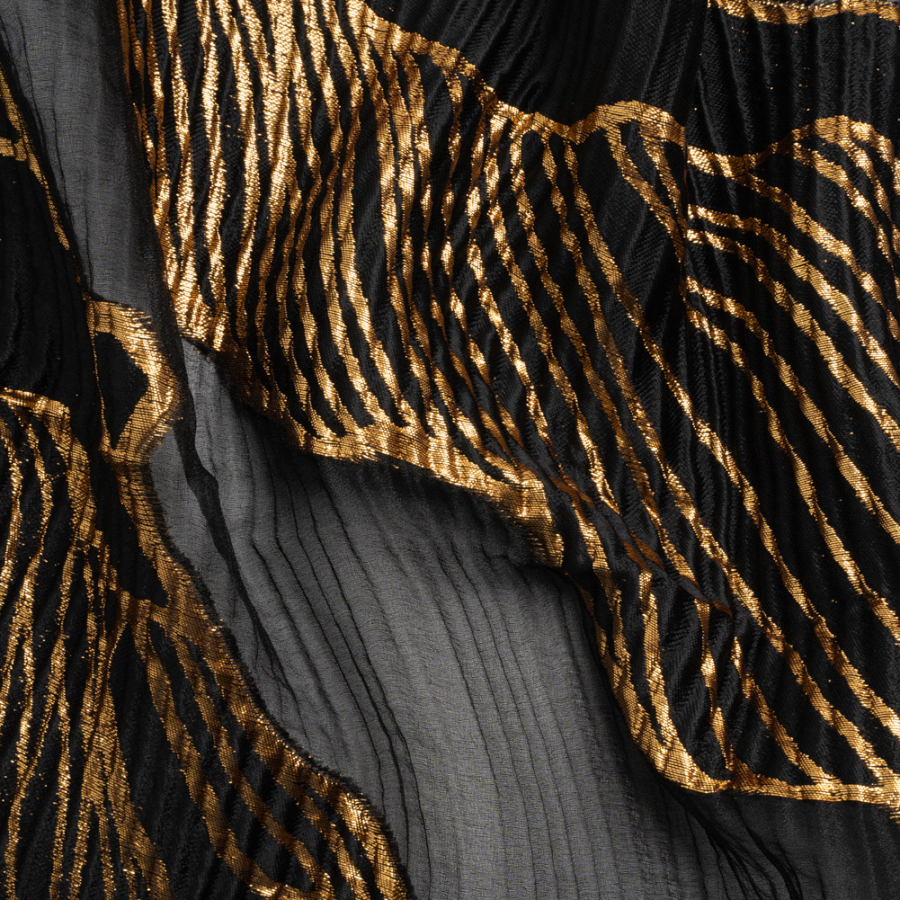 Metallic Gold and Black Abstract Formations Ribbed Burnout Luxury Brocade | Mood Fabrics